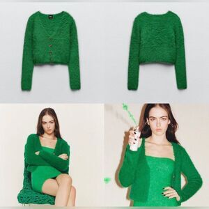 ZARA Womens Green Long Sleeve Fuzzy Cardigan NWOT